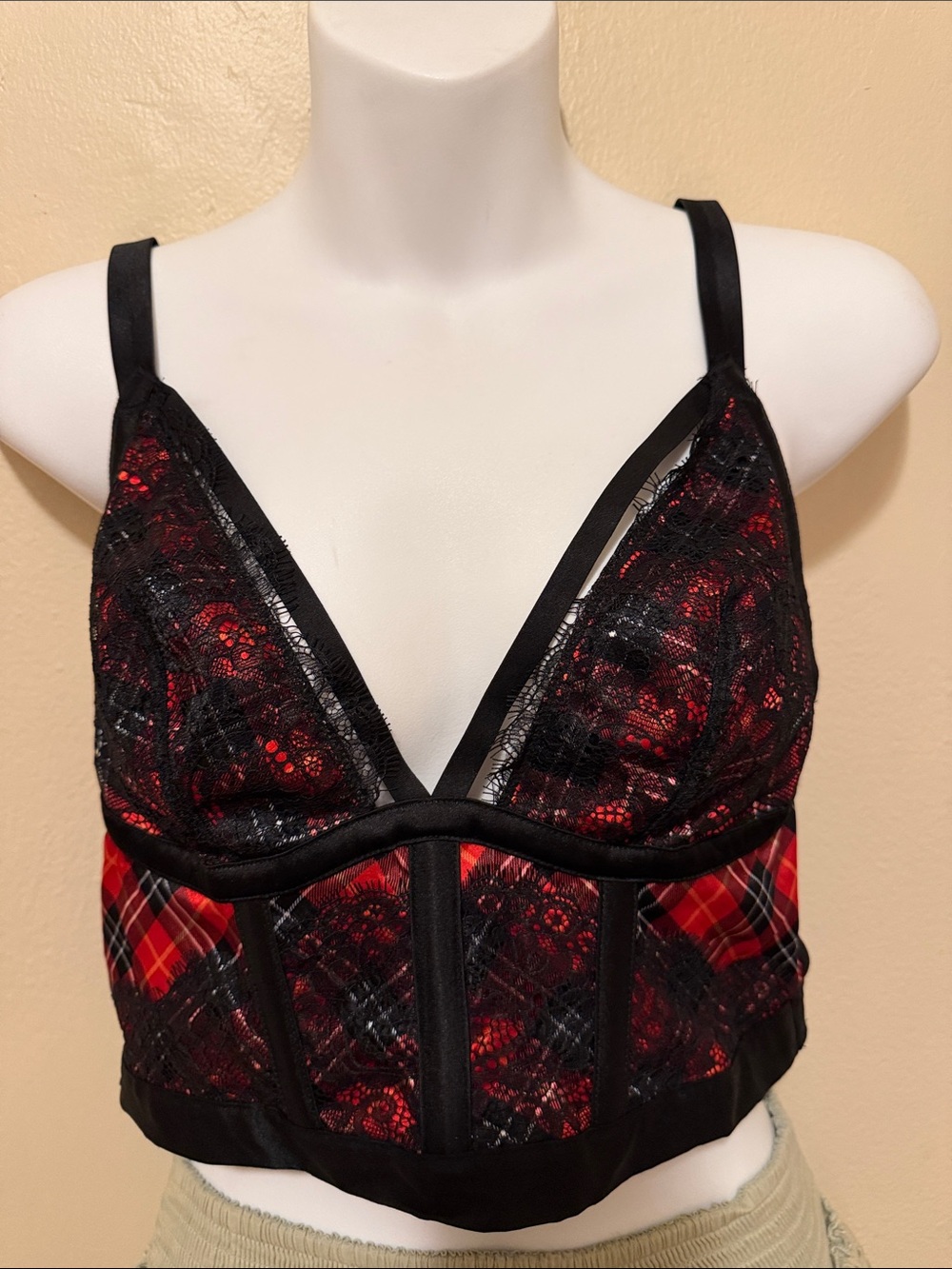 Victoria's Secret Black & Red Lace Plaid Bralette
